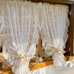 French Style Lace Curtain Embroidered Floral Ruffled Cafe Curtain - thumbnail 2