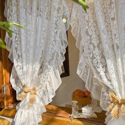 French Style Lace Curtain Embroidered Floral Ruffled Cafe Curtain - thumbnail 3