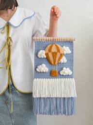 Hot Air Balloon & Clouds Woven Wall Hanging Merino Wool Adventure Nursery Decor