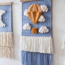 Hot Air Balloon & Clouds Woven Wall Hanging Merino Wool Adventure Nursery Decor - thumbnail 3