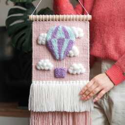 Hot Air Balloon & Clouds Woven Wall Hanging Merino Wool Adventure Nursery Decor - thumbnail 4