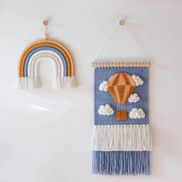 Hot Air Balloon & Clouds Woven Wall Hanging Merino Wool Adventure Nursery Decor - thumbnail 2