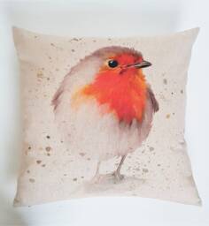 Red Robin Cushion, Christmas Linen Look Pillow, With Zip Fastening - thumbnail 1