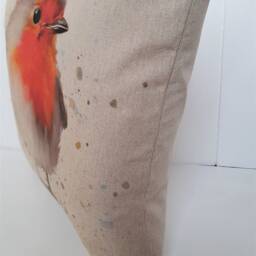 Red Robin Cushion, Christmas Linen Look Pillow, With Zip Fastening - thumbnail 3