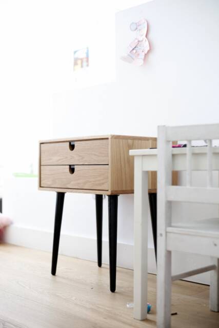 Mid-Century Scandinavian Bedside Table/Nightstand - Two Drawers & Retro Legs Made Of Solid Oak - image 1