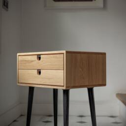 Mid-Century Scandinavian Bedside Table/Nightstand - Two Drawers & Retro Legs Made Of Solid Oak - thumbnail 3