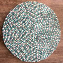 Light Blue Felt Pom Rug - Unique Handmade Round For Kids' Rooms Turquoise Color Cozy Foot Rugs Bedroom - thumbnail 1
