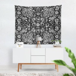 Floral Black White Tapestry Wall Hanging Bird Art Tapestries Floral Shabby Chic - thumbnail 1