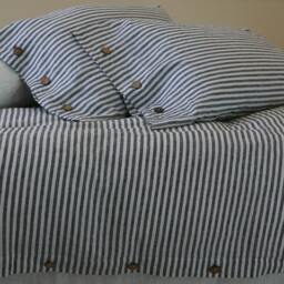 Slate Gray & White Striped Duvet Cover With Wood Buttons Closure - Washed Linen, Queen Cover, King Linen Bedding - thumbnail 2