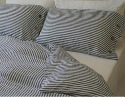 Slate Gray & White Striped Duvet Cover With Wood Buttons Closure - Washed Linen, Queen Cover, King Linen Bedding - thumbnail 1