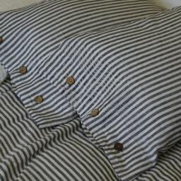 Slate Gray & White Striped Duvet Cover With Wood Buttons Closure - Washed Linen, Queen Cover, King Linen Bedding - thumbnail 3