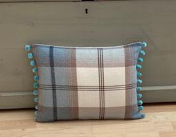 Balmoral Tartan Plaid Tweed Cushion Cover Sky Blue Pompom Trim Pillow - thumbnail 1