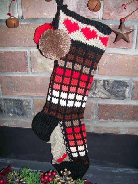 Hand Knit Christmas Stocking Red Orange Brown Window Pane Stripe Heart Detail By Santa's Works - image 1