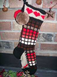Hand Knit Christmas Stocking Red Orange Brown Window Pane Stripe Heart Detail By Santa's Works - thumbnail 1