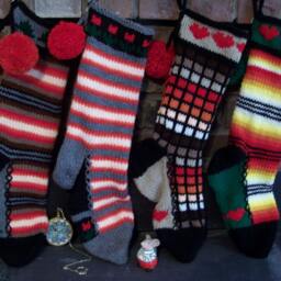 Hand Knit Christmas Stocking Red Orange Brown Window Pane Stripe Heart Detail By Santa's Works - thumbnail 4