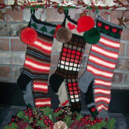 Hand Knit Christmas Stocking Red Orange Brown Window Pane Stripe Heart Detail By Santa's Works - thumbnail 3