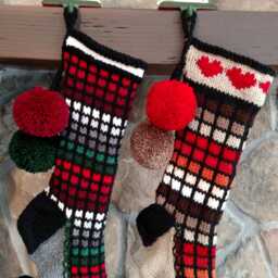 Hand Knit Christmas Stocking Red Orange Brown Window Pane Stripe Heart Detail By Santa's Works - thumbnail 2