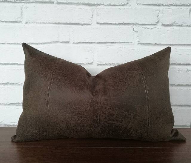 Brown Vegan Leather Lumbar Pillow Cover Decorative Stitch Accent - image 1
