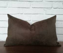 Brown Vegan Leather Lumbar Pillow Cover Decorative Stitch Accent - thumbnail 1
