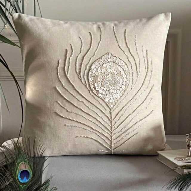 Mother Of Pearl & Beaded Beige Cotton Linen Birds Pattern, 24x24/26x26 Contemporary Euro Sham - Pearly Peacock Feather - image 1
