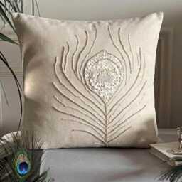 Mother Of Pearl & Beaded Beige Cotton Linen Birds Pattern, 24x24/26x26 Contemporary Euro Sham - Pearly Peacock Feather