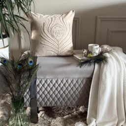 Mother Of Pearl & Beaded Beige Cotton Linen Birds Pattern, 24x24/26x26 Contemporary Euro Sham - Pearly Peacock Feather - thumbnail 2