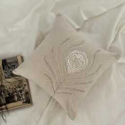 Mother Of Pearl & Beaded Beige Cotton Linen Birds Pattern, 24x24/26x26 Contemporary Euro Sham - Pearly Peacock Feather - thumbnail 3