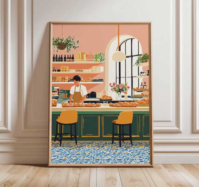 French Bakery Wall Art Print, Paris Caf?? Poster, Croissant Kitchen Decor, Barista Illustration, Cozy Bistro Breakfast Artwork - image 1