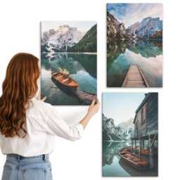 Canvas Set Of 3 - A Lake in The Mountains With Boats & Wooden Hut, Turquoise Wall Art Large, Landscapes Decor