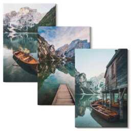 Canvas Set Of 3 - A Lake in The Mountains With Boats & Wooden Hut, Turquoise Wall Art Large, Landscapes Decor - thumbnail 2
