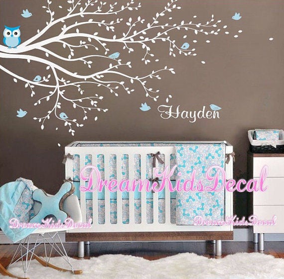 Personalized Tree Branch Wall Decal Owl, Birds, Name - image 1