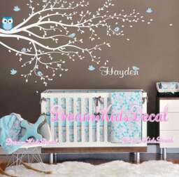Personalized Tree Branch Wall Decal Owl, Birds, Name - thumbnail 1