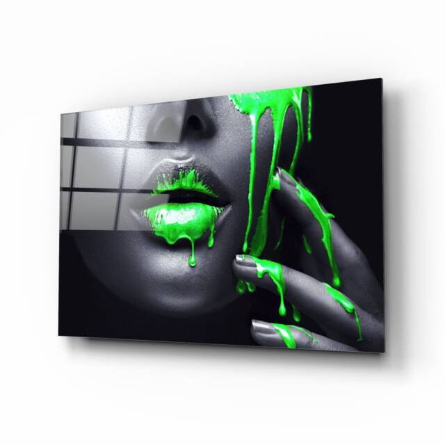 Green Lips Glass Wall Art Decor - Striking Modern Beauty Portrait For Glam Interiors - image 1