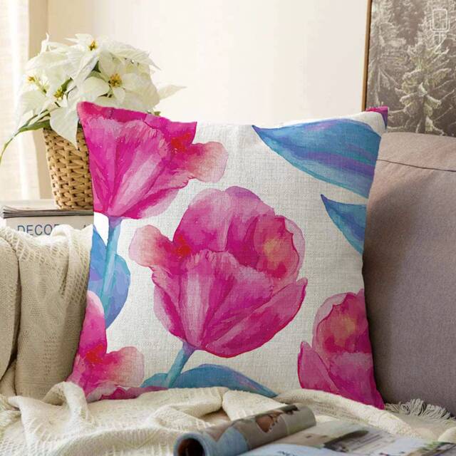 Floral Throw Pillow Cover With Pink & Blue Colours - Double Sided Printing On Soft Chenille Fabric Multi Size Options Oeko-Tex?? - image 1
