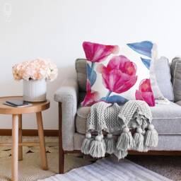 Floral Throw Pillow Cover With Pink & Blue Colours - Double Sided Printing On Soft Chenille Fabric Multi Size Options Oeko-Tex?? - thumbnail 2