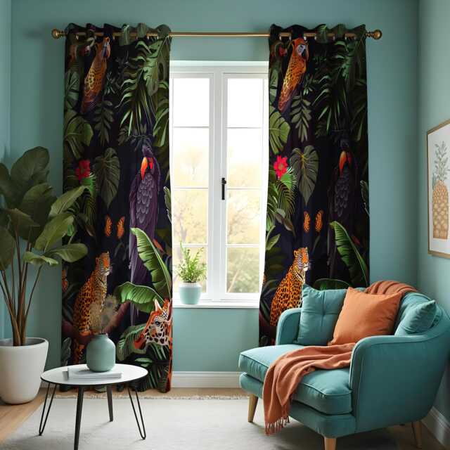 Exotic Jungle Print Curtains, Tropical Animals & Birds Drapes, Parrot & Leopard Window Treatments, Safari Living Room Decor - image 1