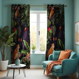 Exotic Jungle Print Curtains, Tropical Animals & Birds Drapes, Parrot & Leopard Window Treatments, Safari Living Room Decor - thumbnail 1