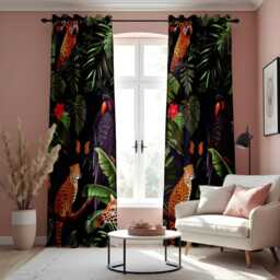 Exotic Jungle Print Curtains, Tropical Animals & Birds Drapes, Parrot & Leopard Window Treatments, Safari Living Room Decor - thumbnail 2