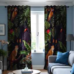 Exotic Jungle Print Curtains, Tropical Animals & Birds Drapes, Parrot & Leopard Window Treatments, Safari Living Room Decor - thumbnail 3