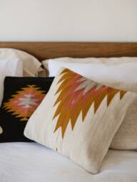 Relampago Woven Wool Pillow, Handmade Mexican Pillow, Decorative Throw Handwoven Wool Cushion, Boho Natural + Ochre Rose - thumbnail 1