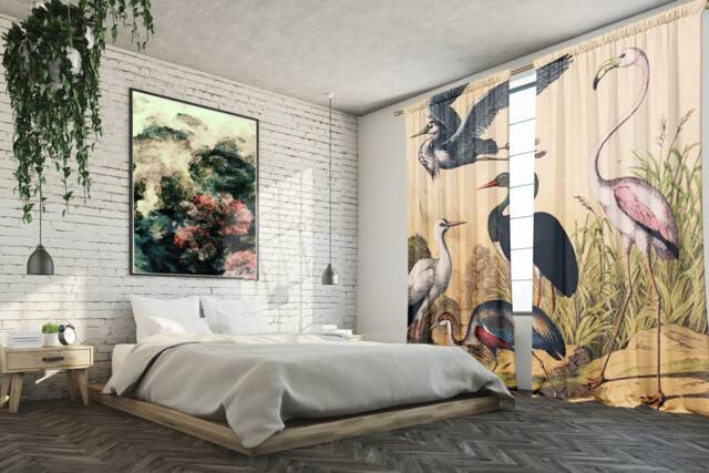 Set Of 2 Blackout Curtains, Room Divide Screen Wall Panel, Vintage Birds - image 1