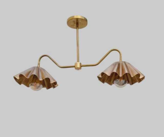 Mid-Century Modern Brass Chandelier Handmade Ruffled Shade Ceiling Light - image 1