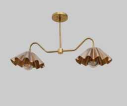 Mid-Century Modern Brass Chandelier Handmade Ruffled Shade Ceiling Light - thumbnail 1