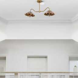 Mid-Century Modern Brass Chandelier Handmade Ruffled Shade Ceiling Light - thumbnail 2