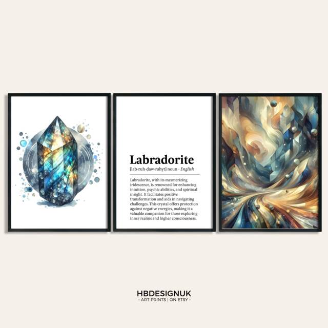 Labradorite Crystal Print - Set Of 3 Posters - Watercolour Gemstone Mineralogy Meaning Paintings Gifts Design Decor Wall Art - image 1