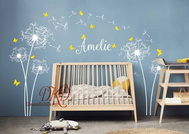 Personalized Dandelion Wall Decal, Butterfly Flower Wall Art For Kids Room - image 1