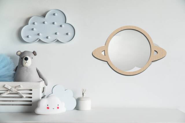 Planet Shaped Wooden Kids Shatterproof Wall Mirror -- Bedroom Decor - Nursery Decorations Baby Shower Gift Expecting - image 1