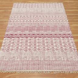 Red Beige Cotton Dhurrie Rug, Hand Block Print Geometric Boho Area Rug - thumbnail 3