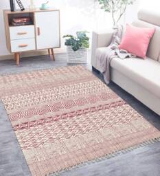 Red Beige Cotton Dhurrie Rug, Hand Block Print Geometric Boho Area Rug - thumbnail 1