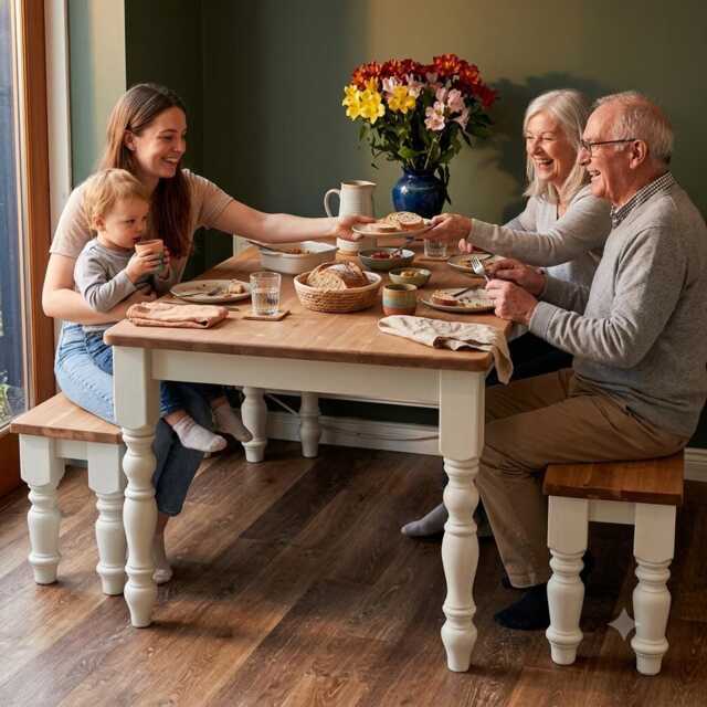 Solid Pine Farmhouse Table & Bench Set, Wooden Kitchen Dining Room Furniture - image 1